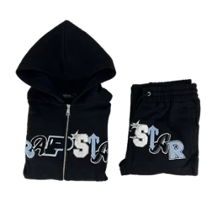 Trapstar Logo Tracksuits Zip Hoodie Set Black